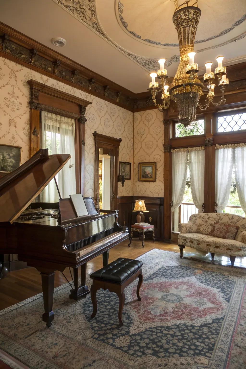 A grand piano enhances a hint of sophistication and style to the room.