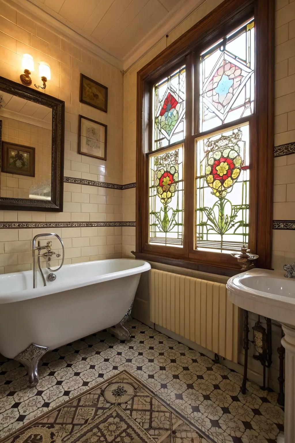 Stained glass windows add color and privacy with a vintage feel.