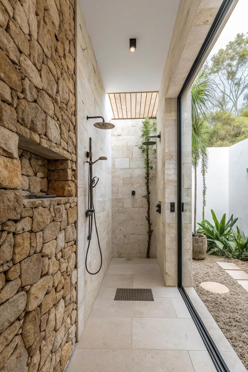 Shower enclosure with all-natural rock separators and open design.