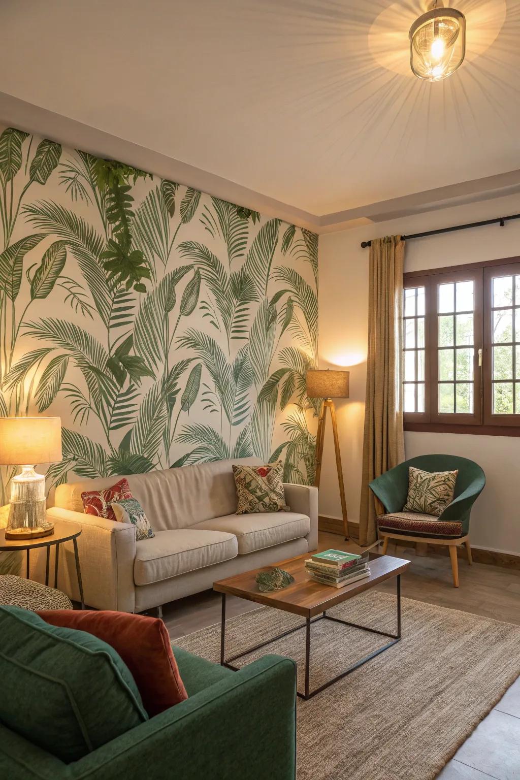 Leafy designs bring tropical vibes into your living room.