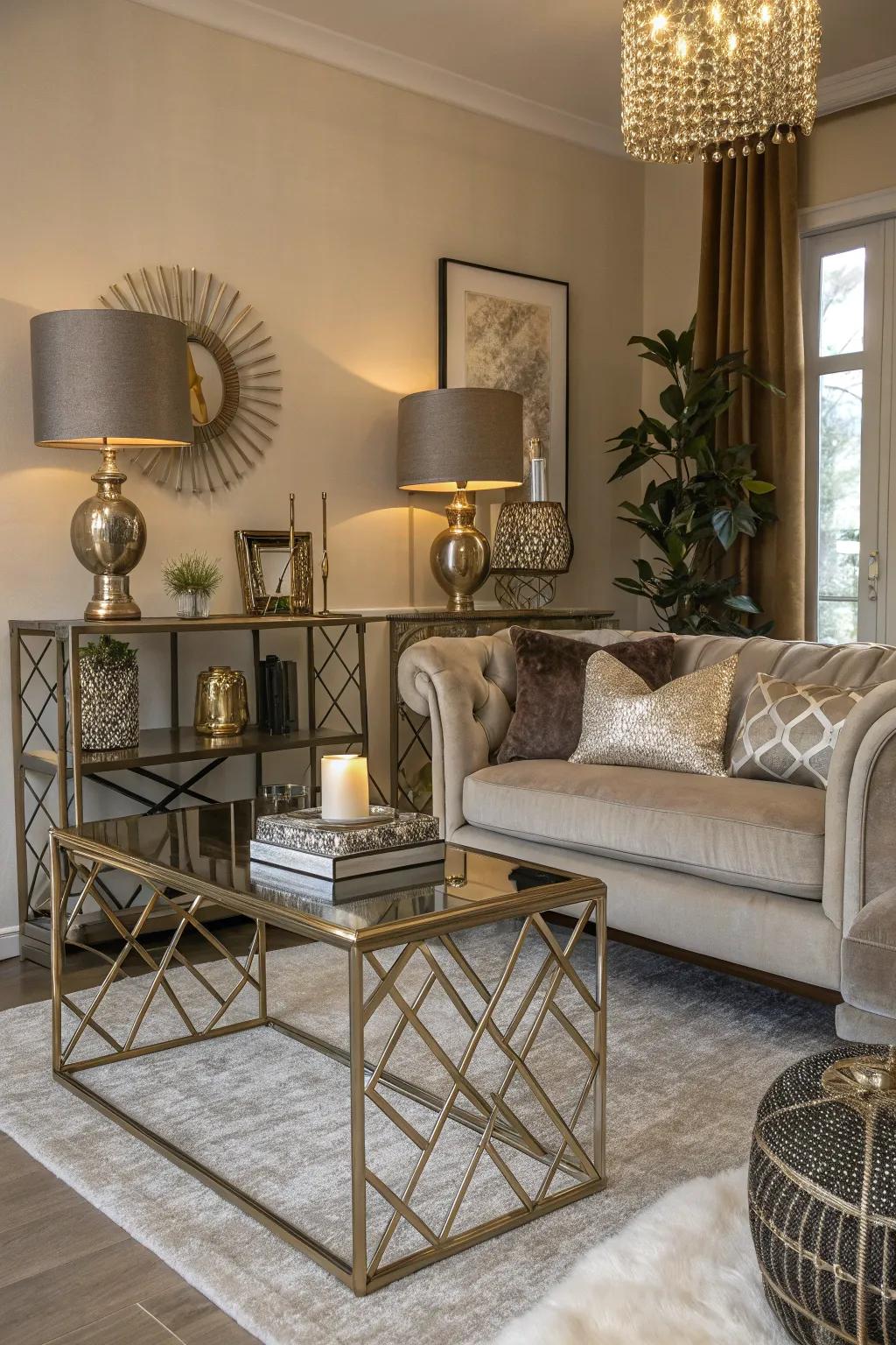 Metallic features and opulent textiles impart a whisper of glamour to a neutral living area.
