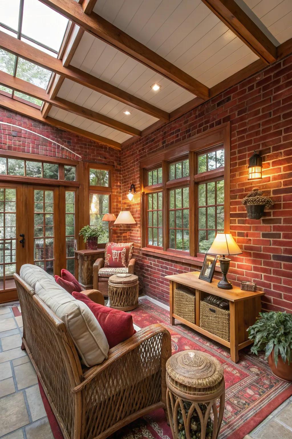 Sunroom with kiln clay walls, providing country warmth and charm.