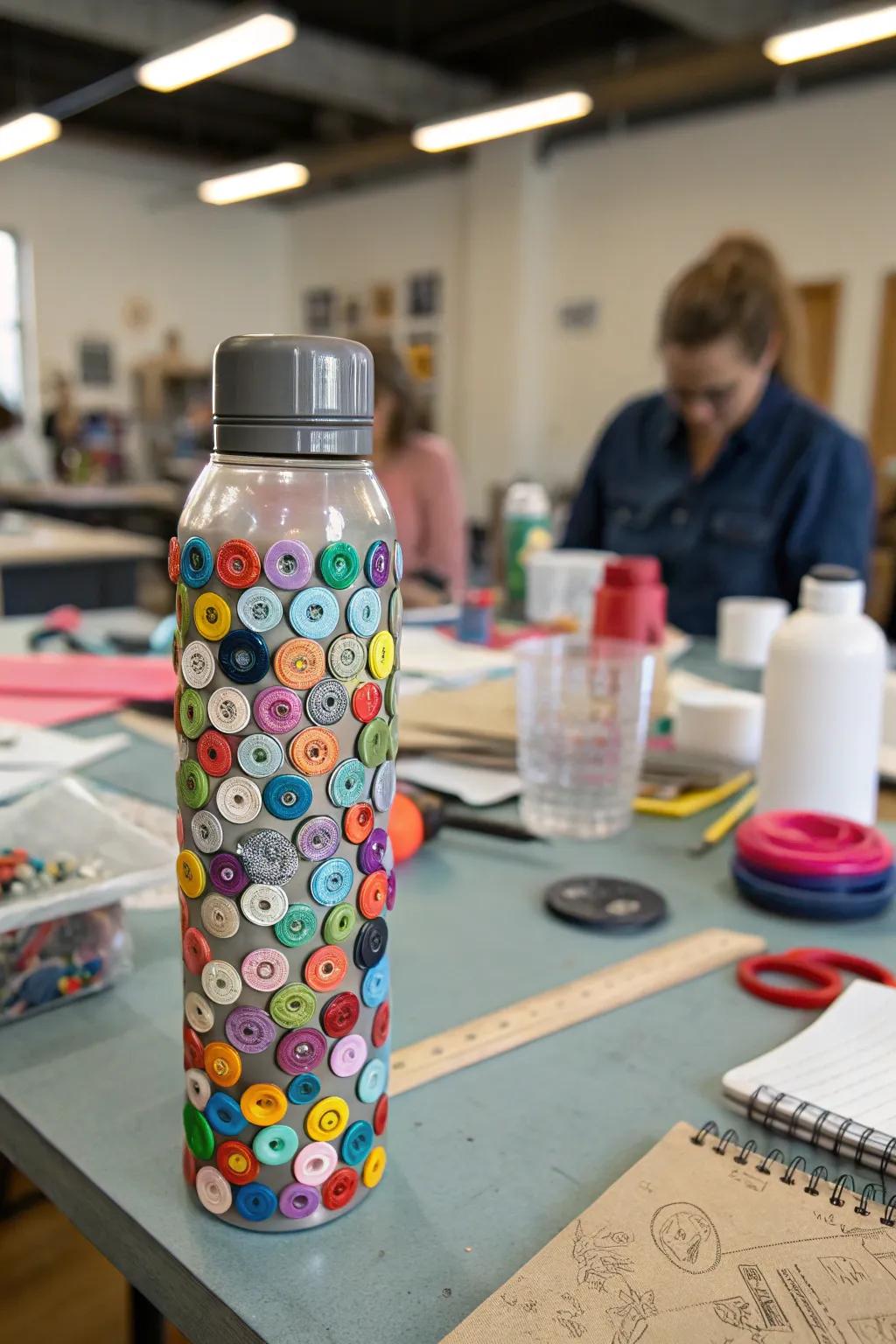 A whimsical beverage container ornamented via radiant keystones.