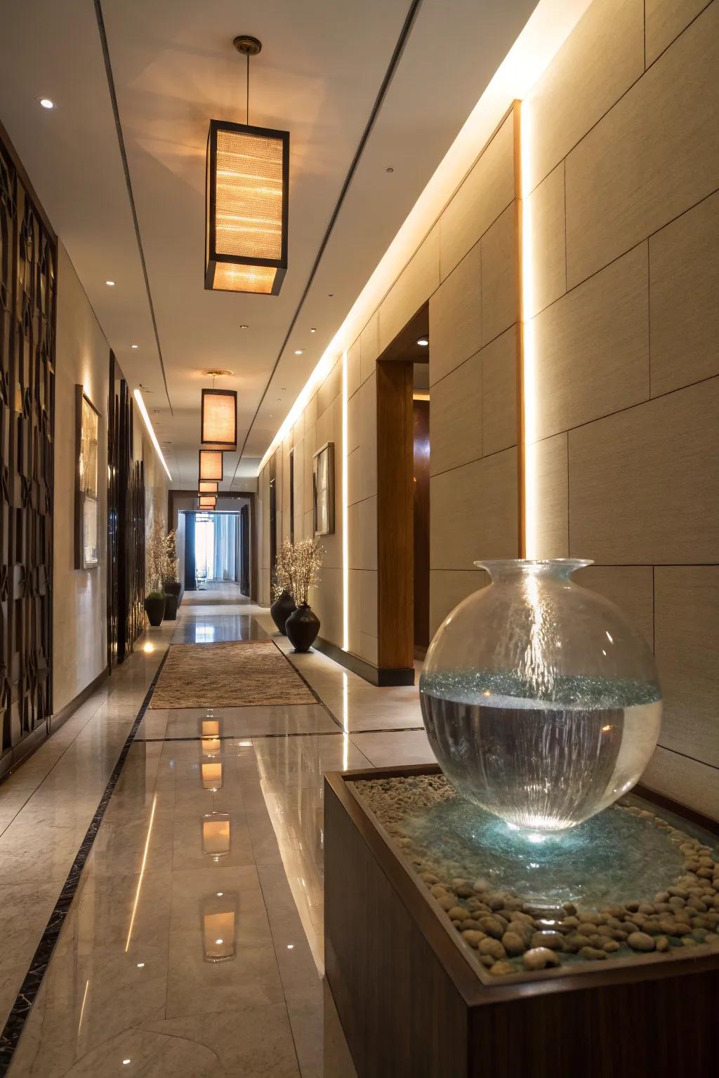 A glass water sculpture offers fascination and class.