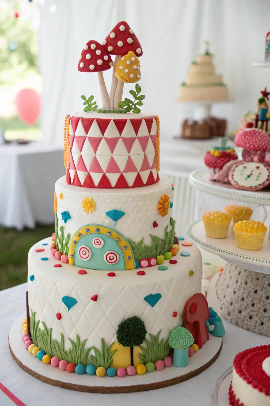 A whimsical wedding cake with playful designs for added fun.