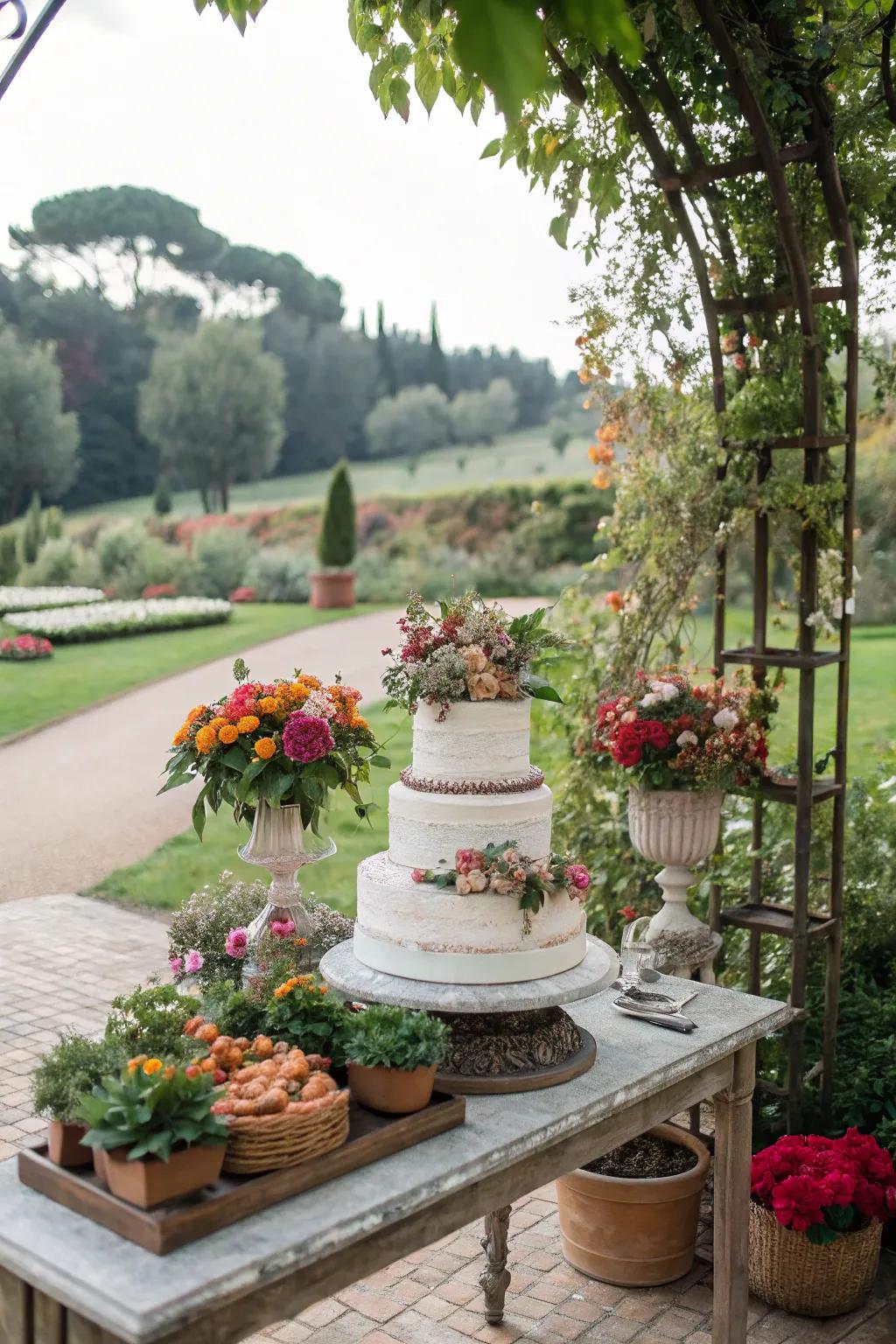 A garden-themed wedding cake table with lush potted plants.