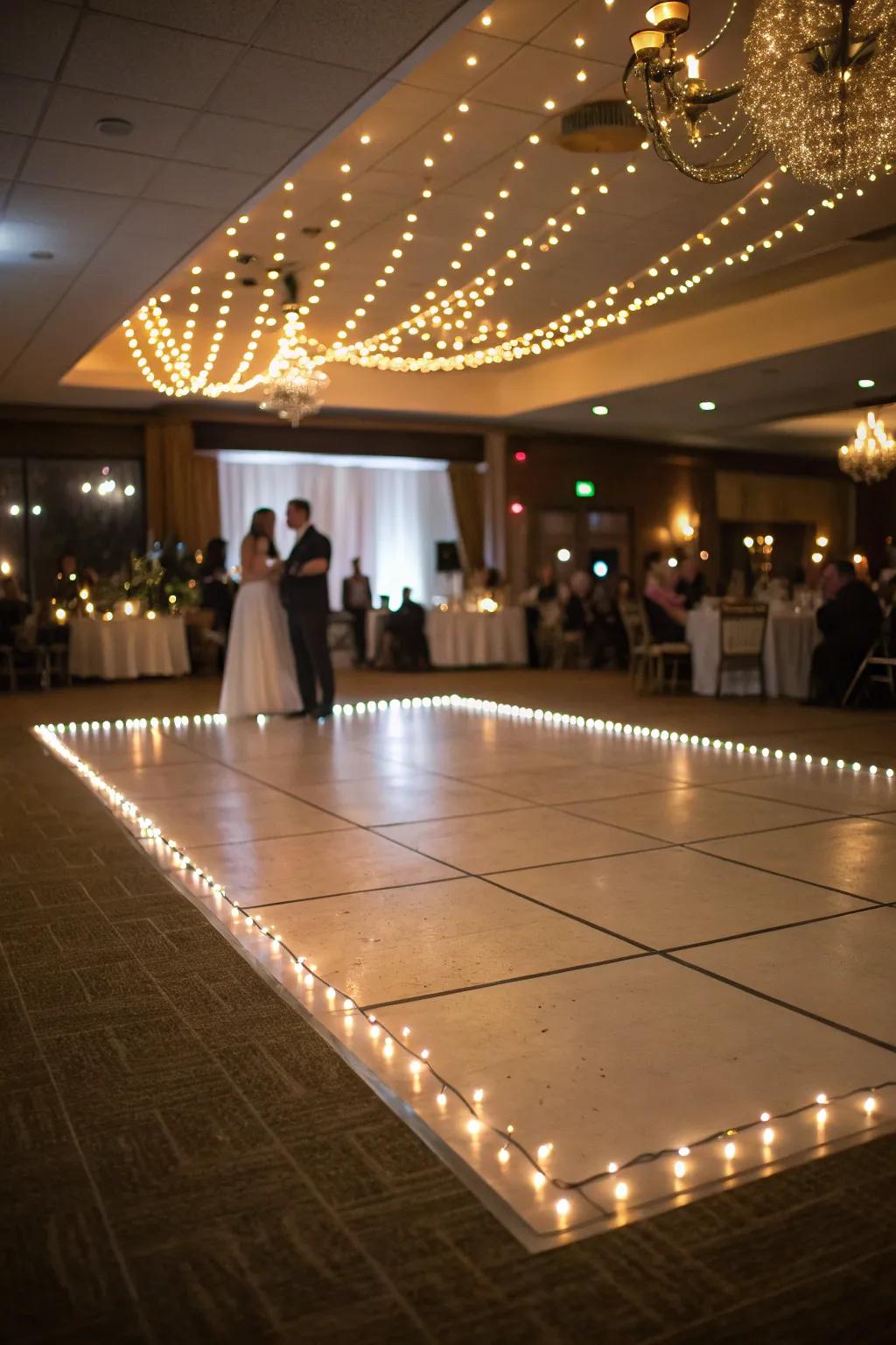 A wedding dance space creatively outlined with fairy illumination, adding a captivating touch.
