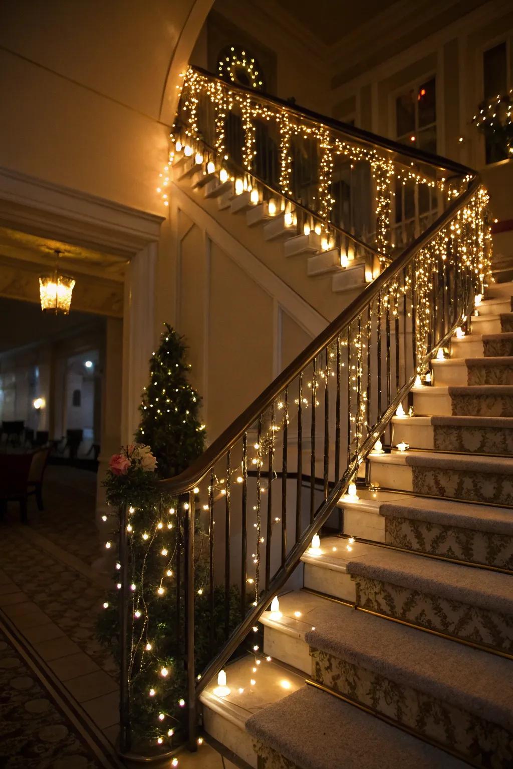 Lights that twinkle transform this staircase into an environment that is evocative of an enchanting nocturne.