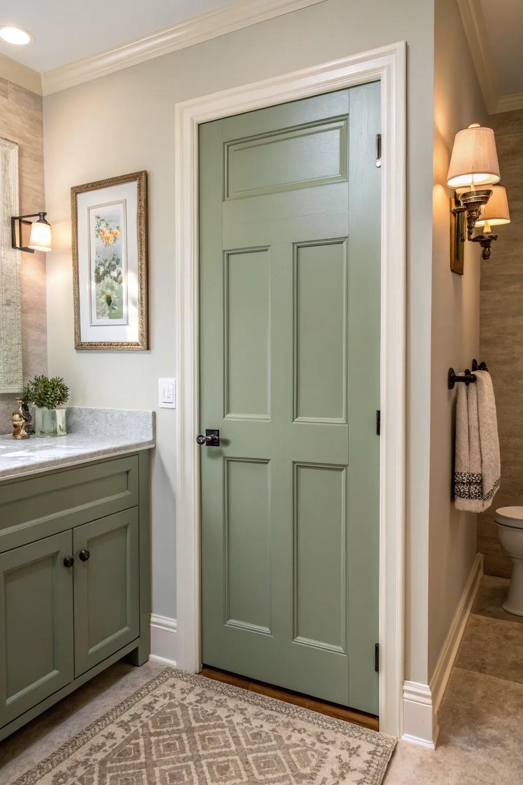 Celadon tone doors cultivate a sophisticated and serene atmosphere.