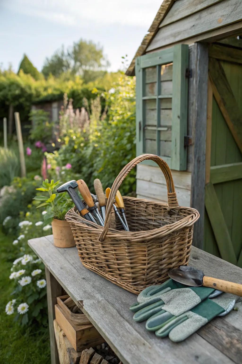 Keeping gardening tools in a basket adds charm and keeps your outdoor area organized.