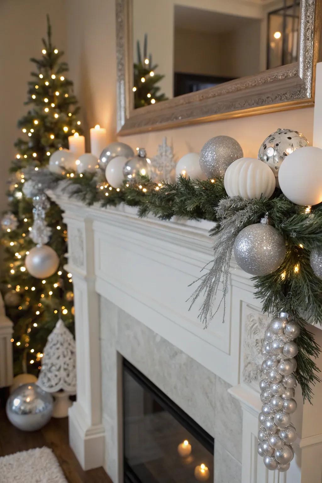 An icy and glistening mantel delivers a chic and shimmering focal feature.