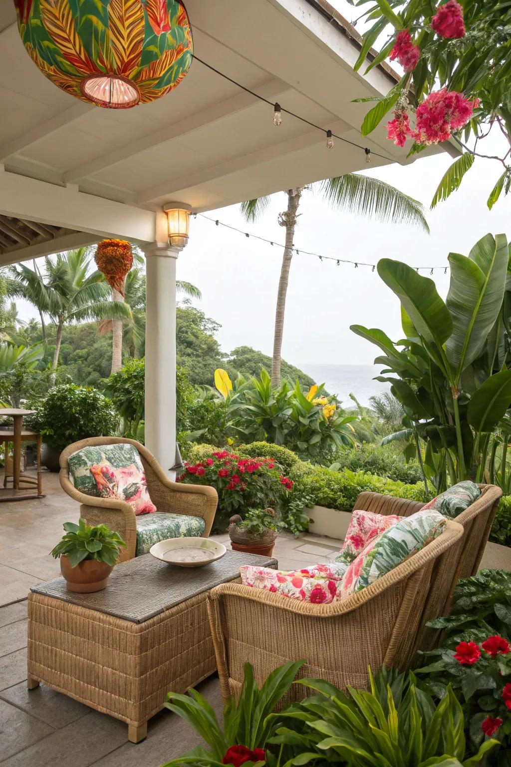 Escape to a tropical paradise with vibrant wicker terrace design.