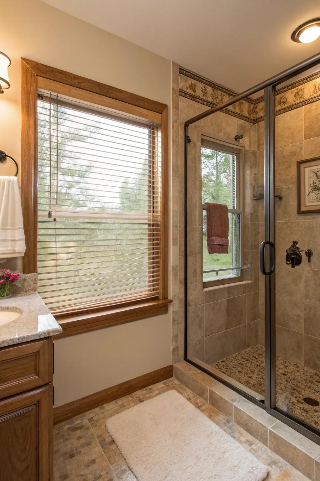 Inset blinds support both ambient modulation and privacy enhancement within the shower.