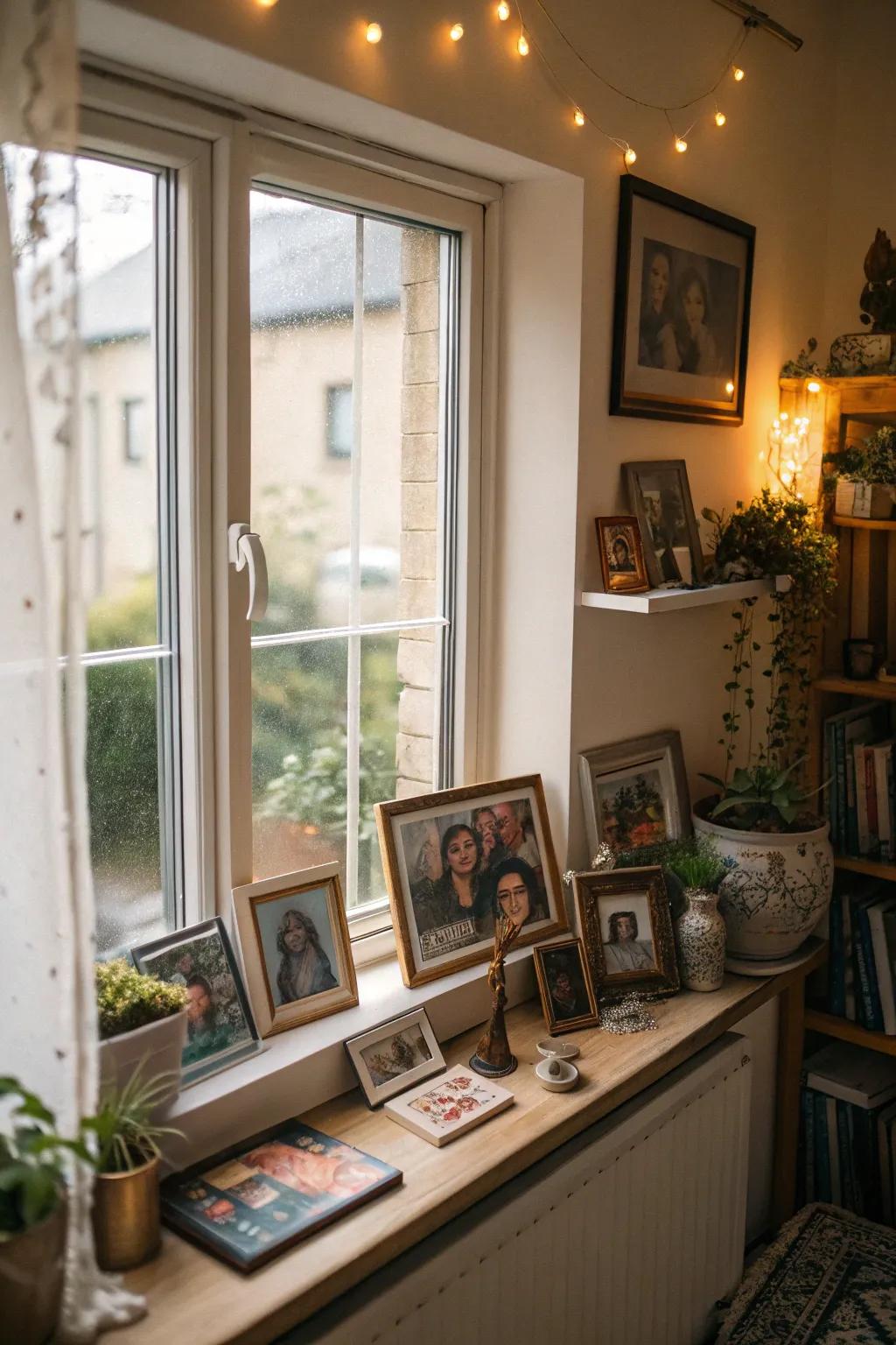 A window nook is decorated with images and keepsakes.