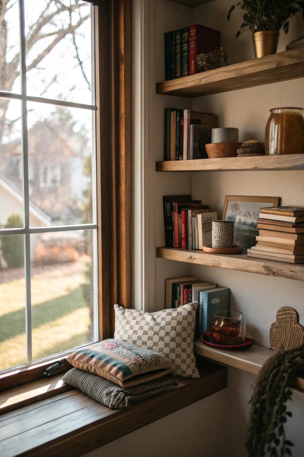 Wall mounted shelves add both design and function to your window nook.