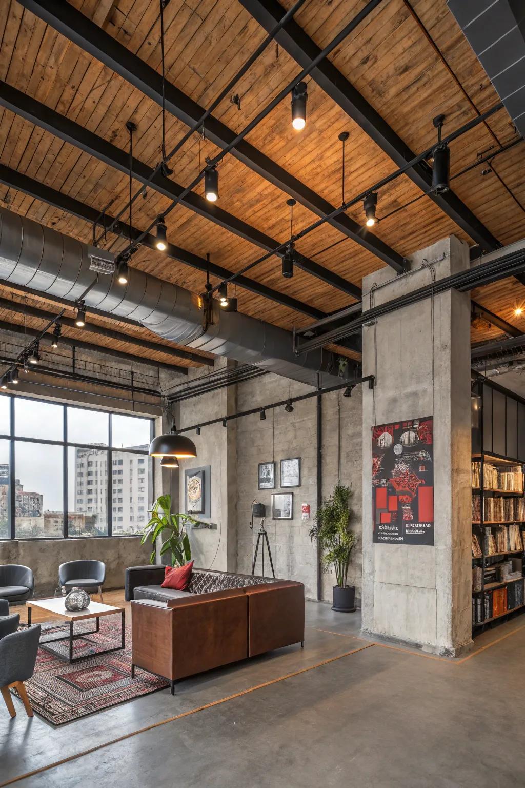 Timber and metal create an industrial look.