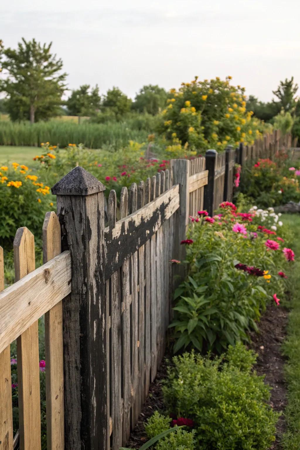 Wooden fences gain depth and contrast from dark dyes.