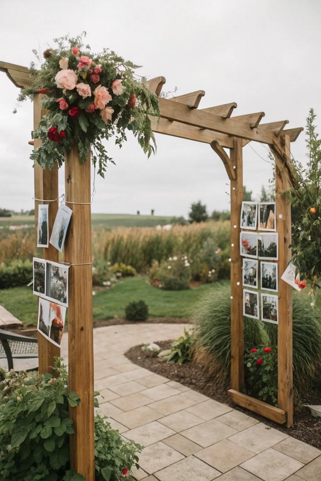 Photographs on your arch recount your unique tale of love.