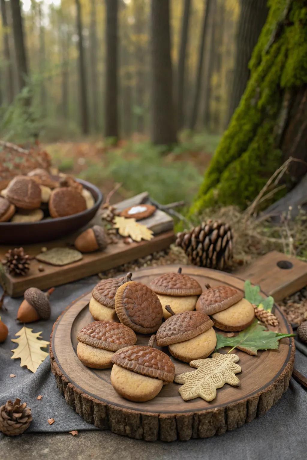 Acorn-shaped cookies offer a thematic and tasty treat.