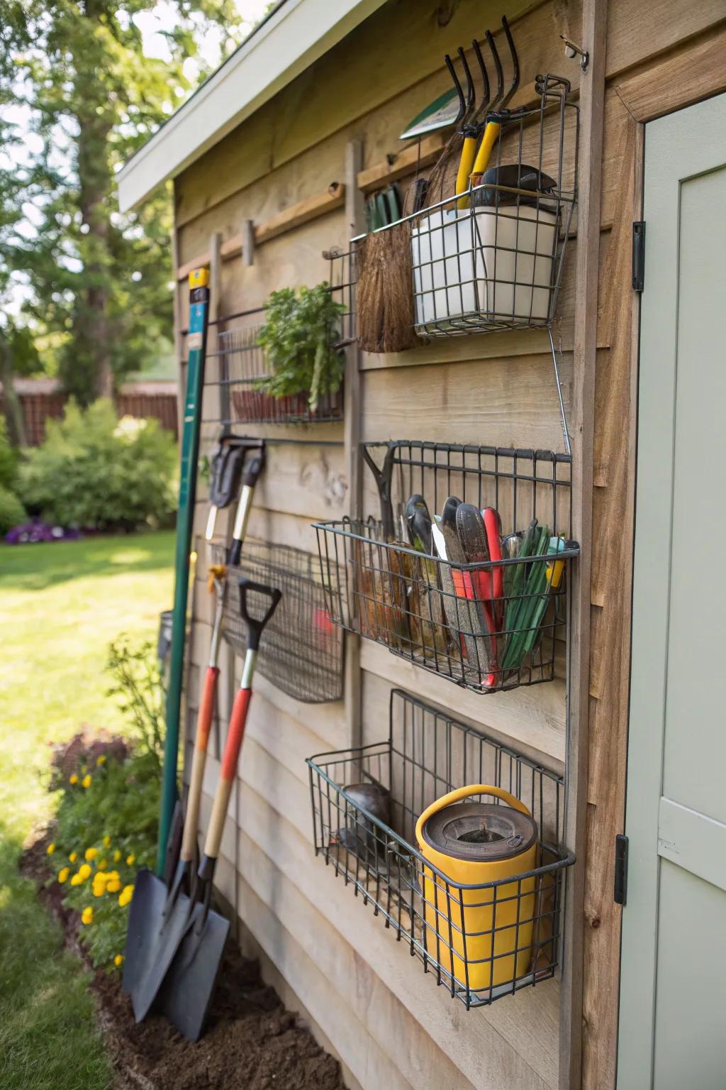 Easy and effective storage with hanging wire baskets.