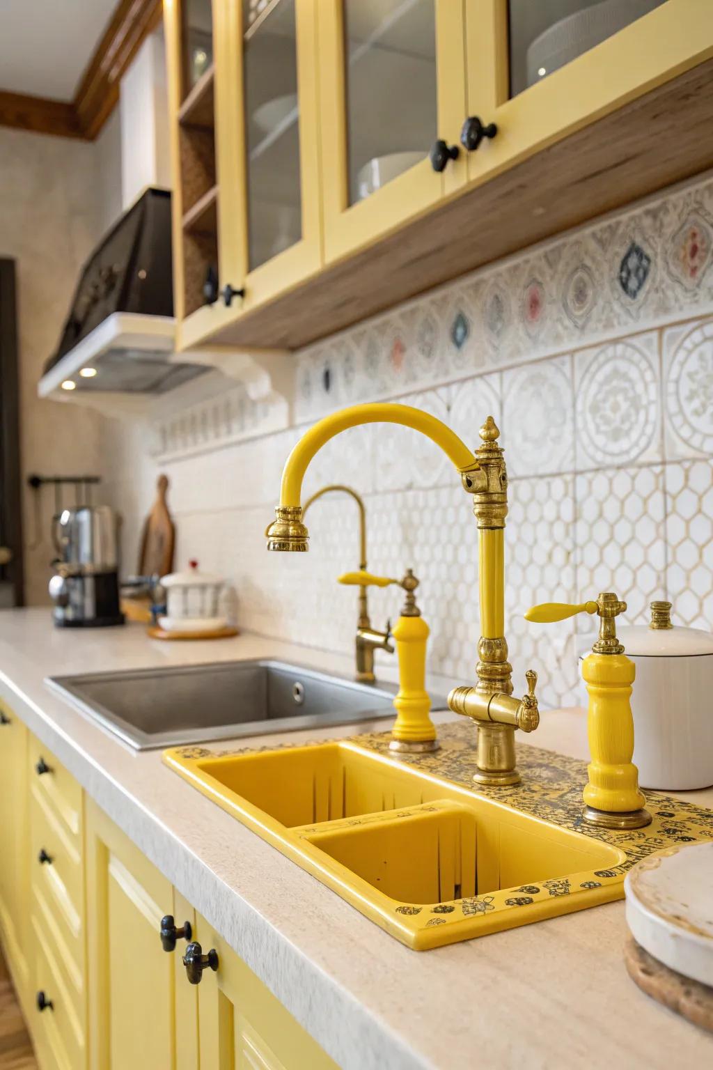 Singular yellow fixtures transform everyday elements into standout features.