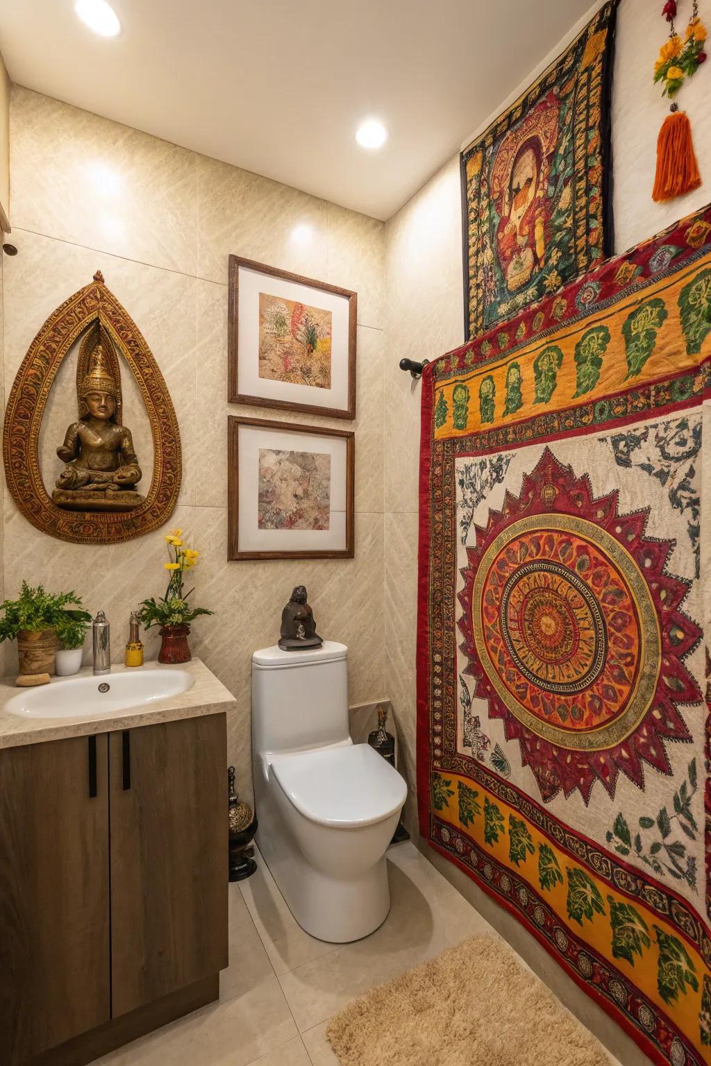 Cultural components contribute depth to this powder room.