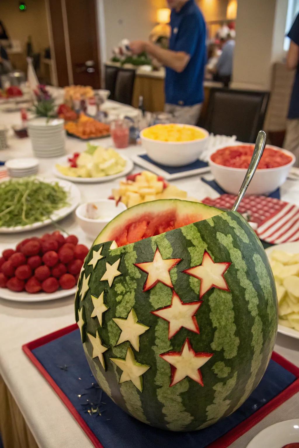 A carved watermelon centerpiece refreshes and delights guests.