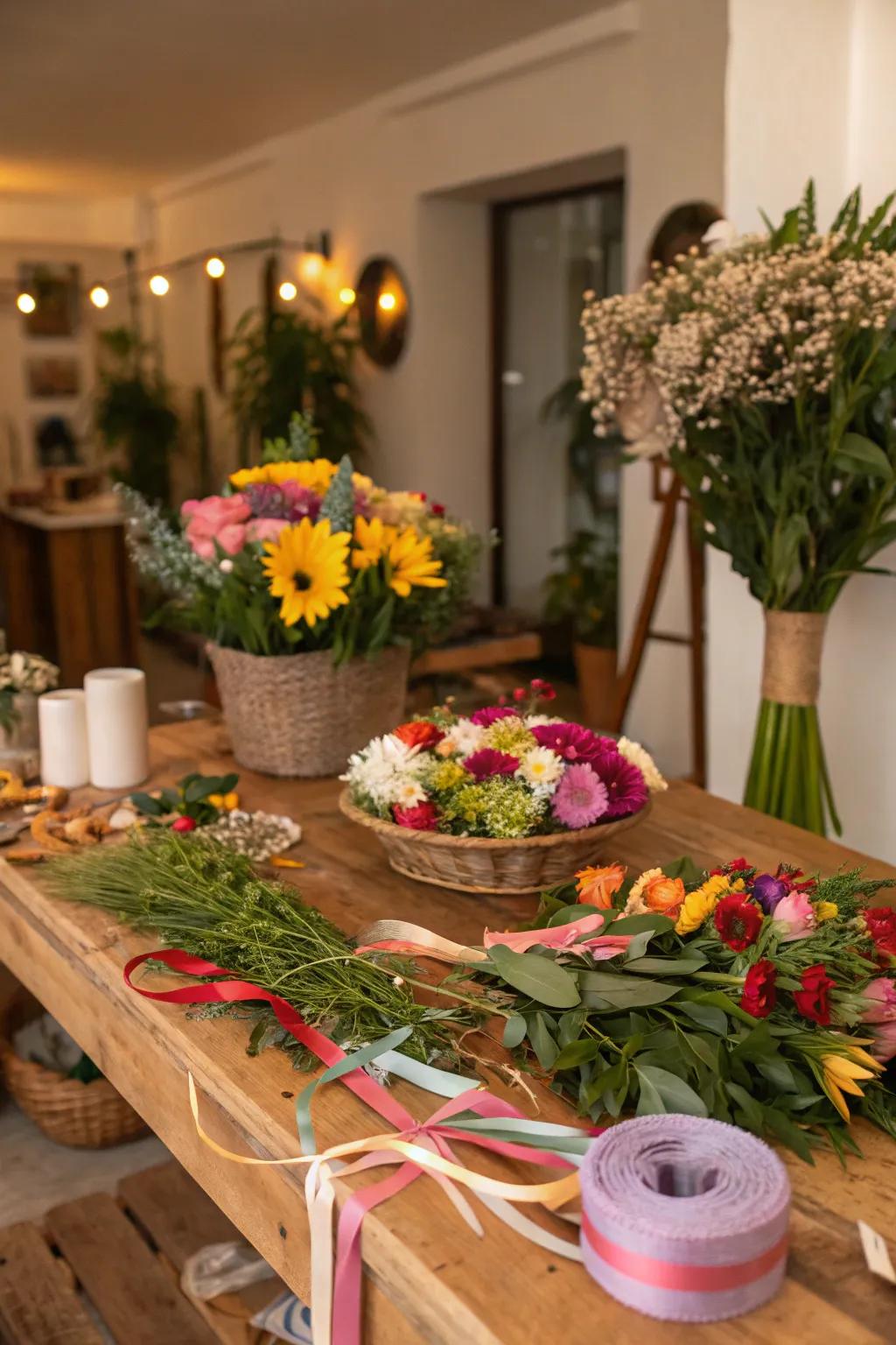 At the garden party, guests create whimsical floral headpiece.