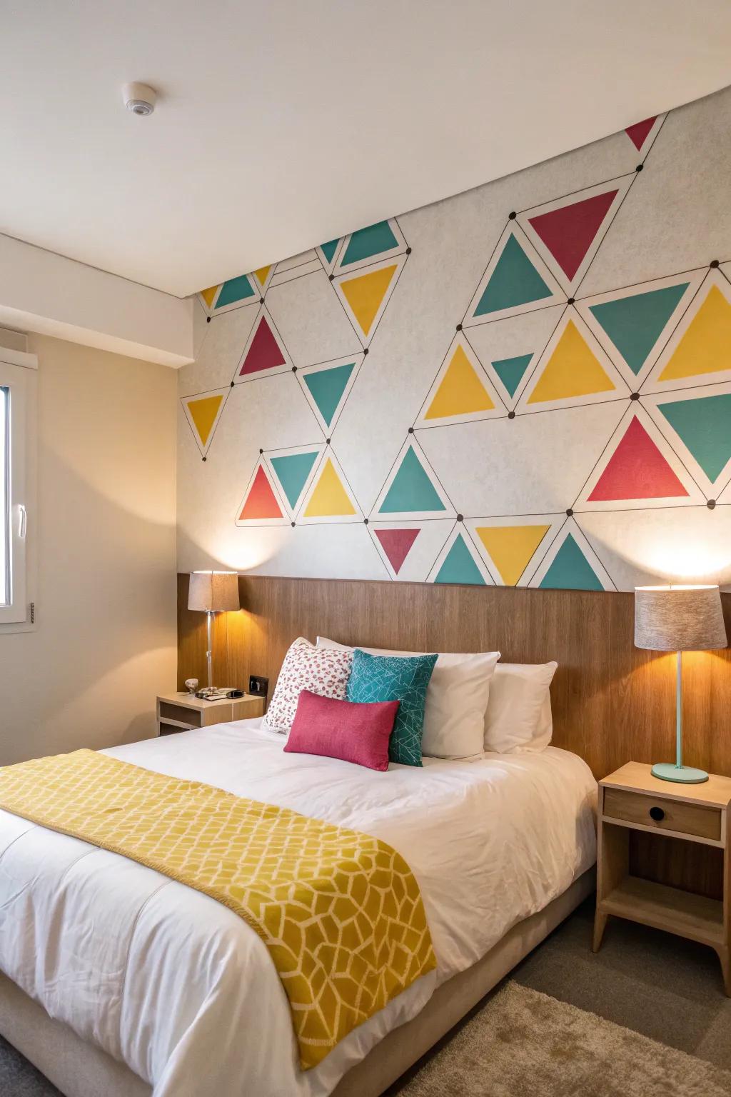 Shaped wall accents add a modern style above the bed.