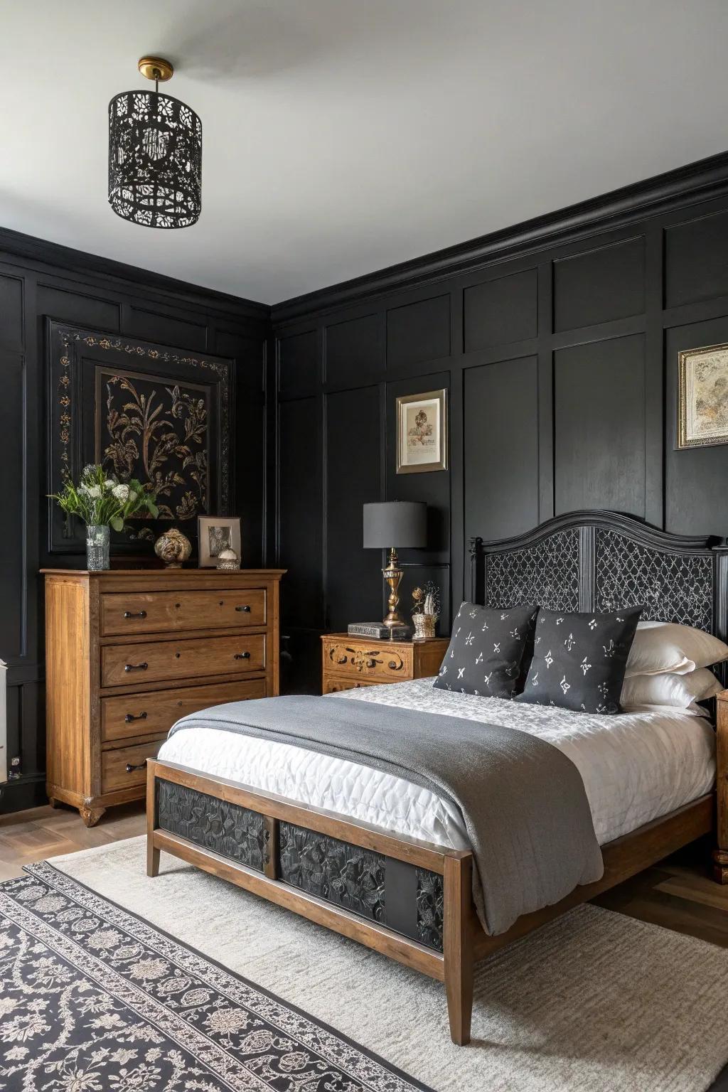 A dark-themed boudoir blending contemporary and traditional design aspects intended for an individualized impression.