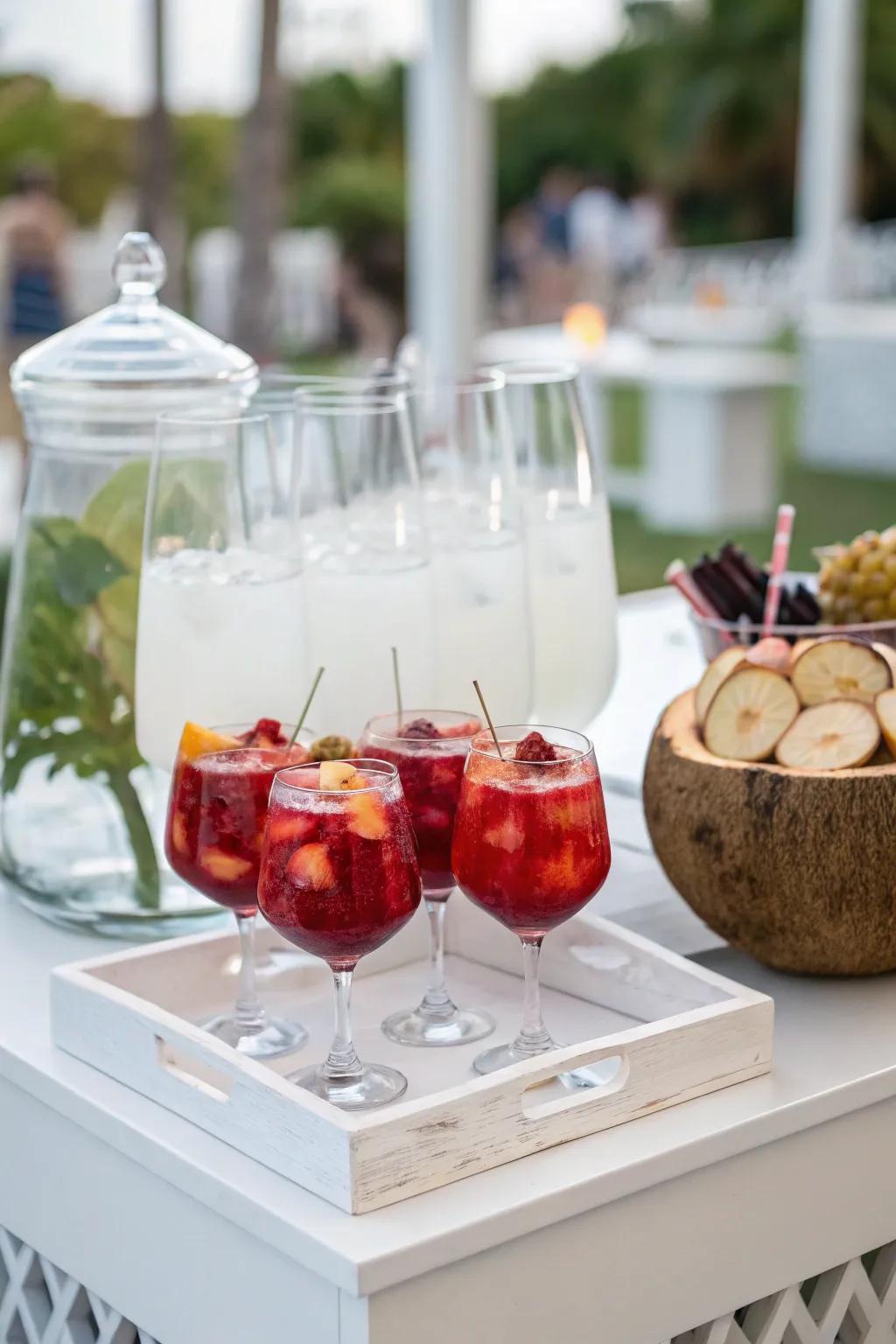 A beverage station delivers refreshing options to complement the theme.