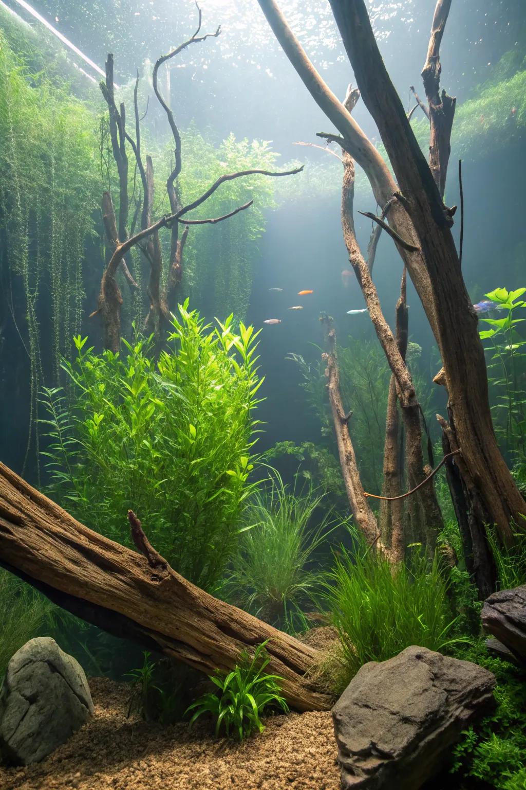 A woodland theme furnishes vertical dimension and all-natural elegance.
