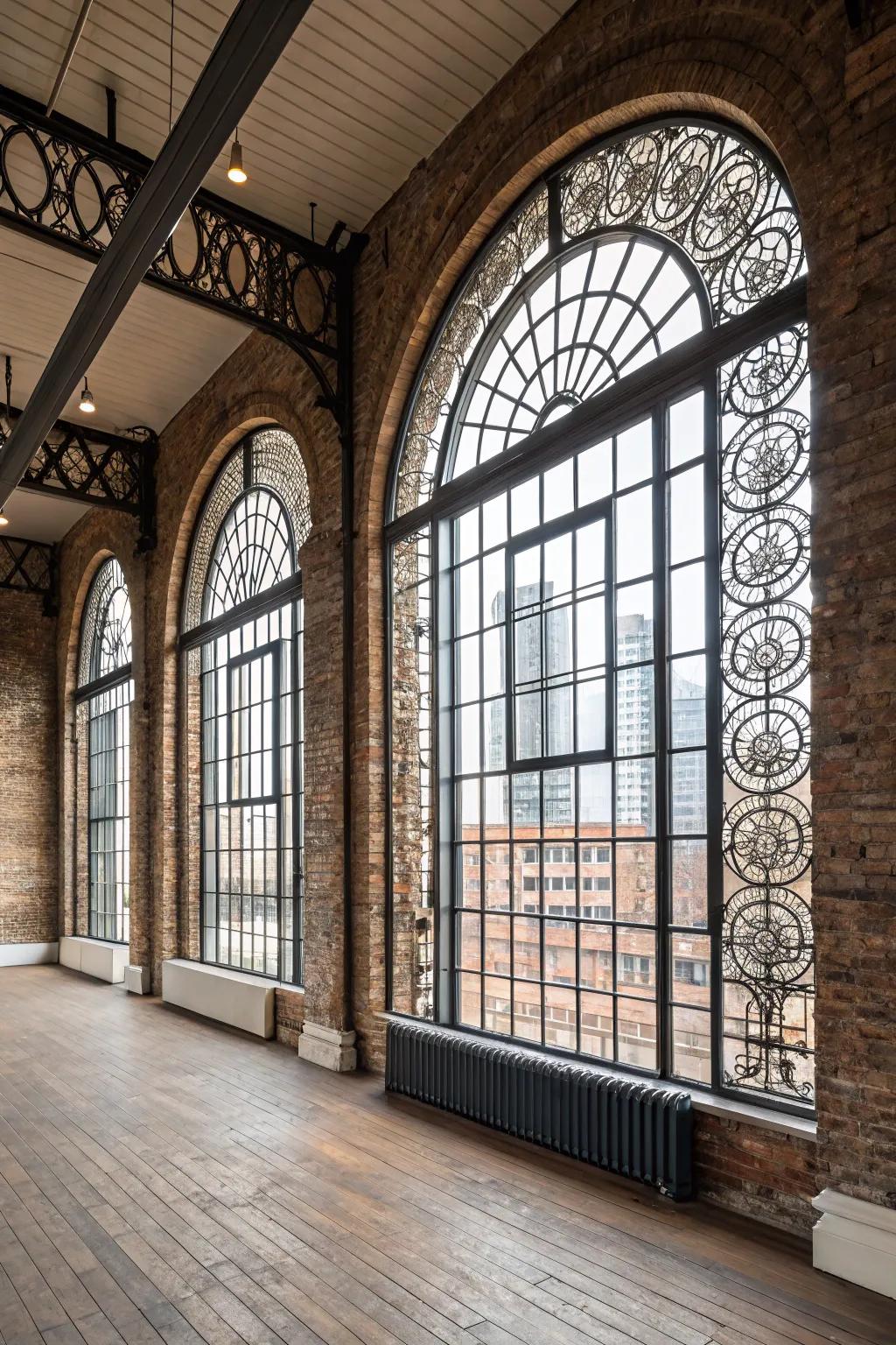 A stylish industrial loft showcases artistic metal craft on arched windows.