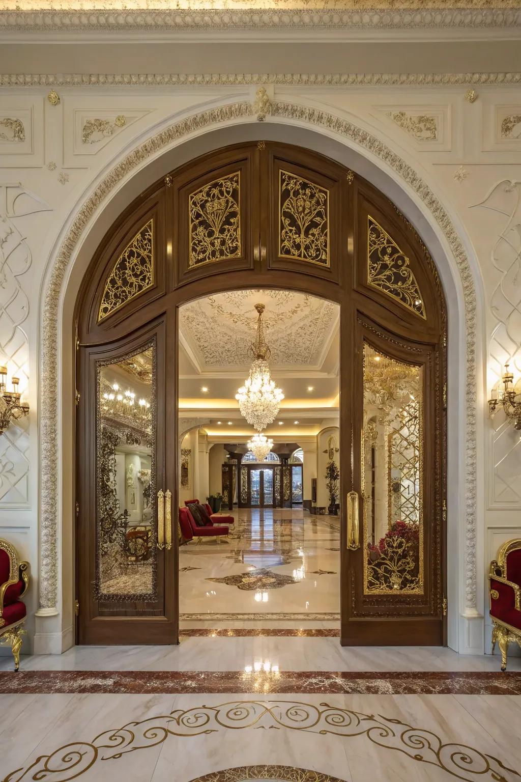 Double height arched gates rendering a theatrical entrance within an opulent space.