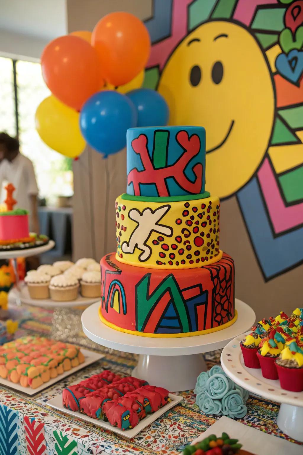 An animated iconography cake design captures the playful and dynamic nature of his art.