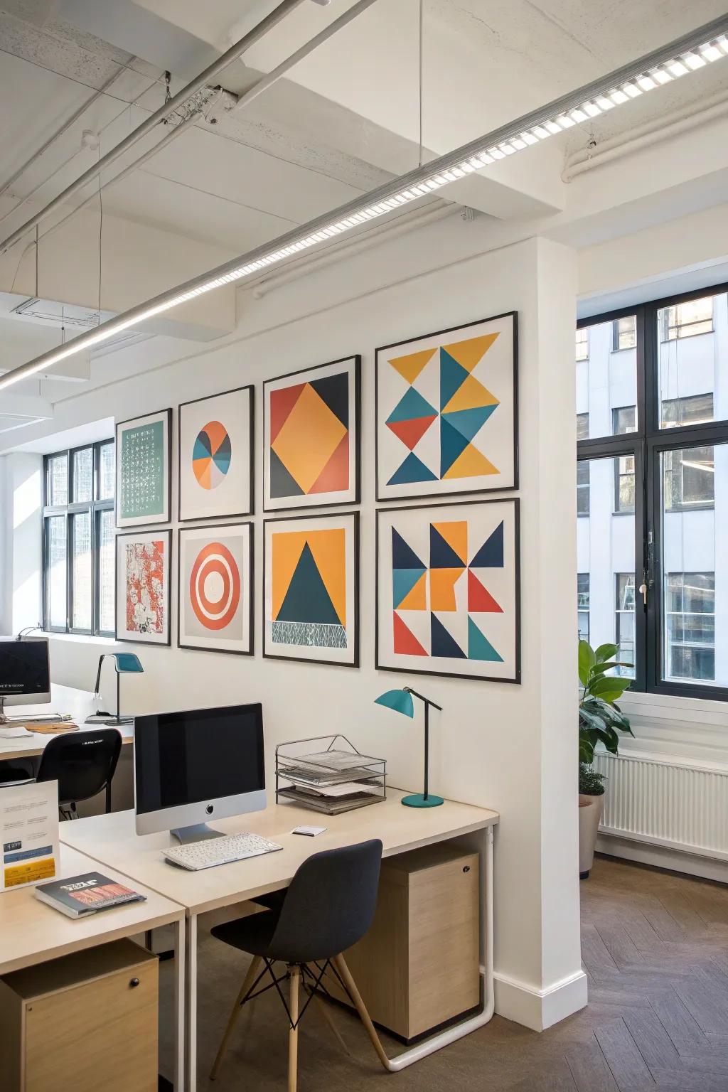 Geometric art delivers a modern and streamlined image within this office.