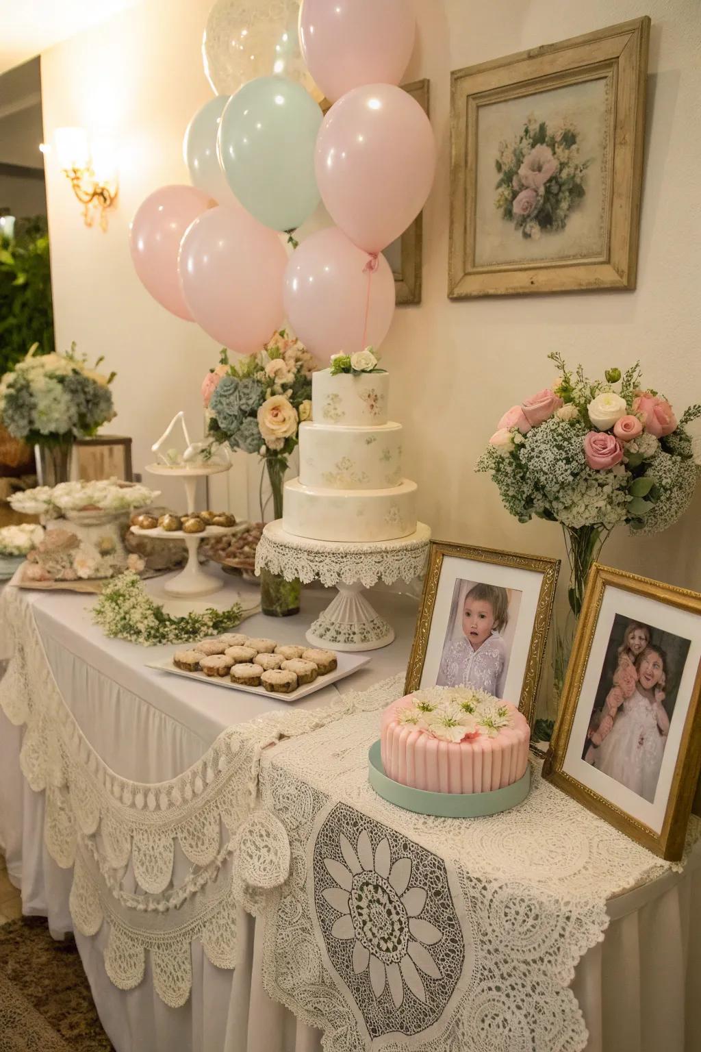 Retro-inspired highlights with lace doilies and antique frames introduce nostalgic allure.