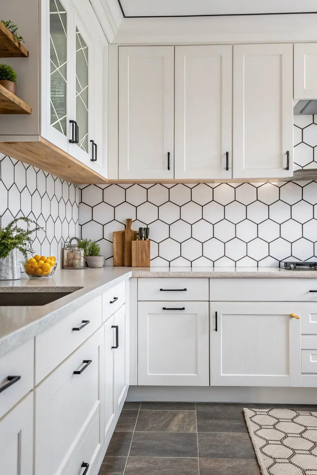 Hexagonal panels contribute depth and playfulness to this white kitchen.
