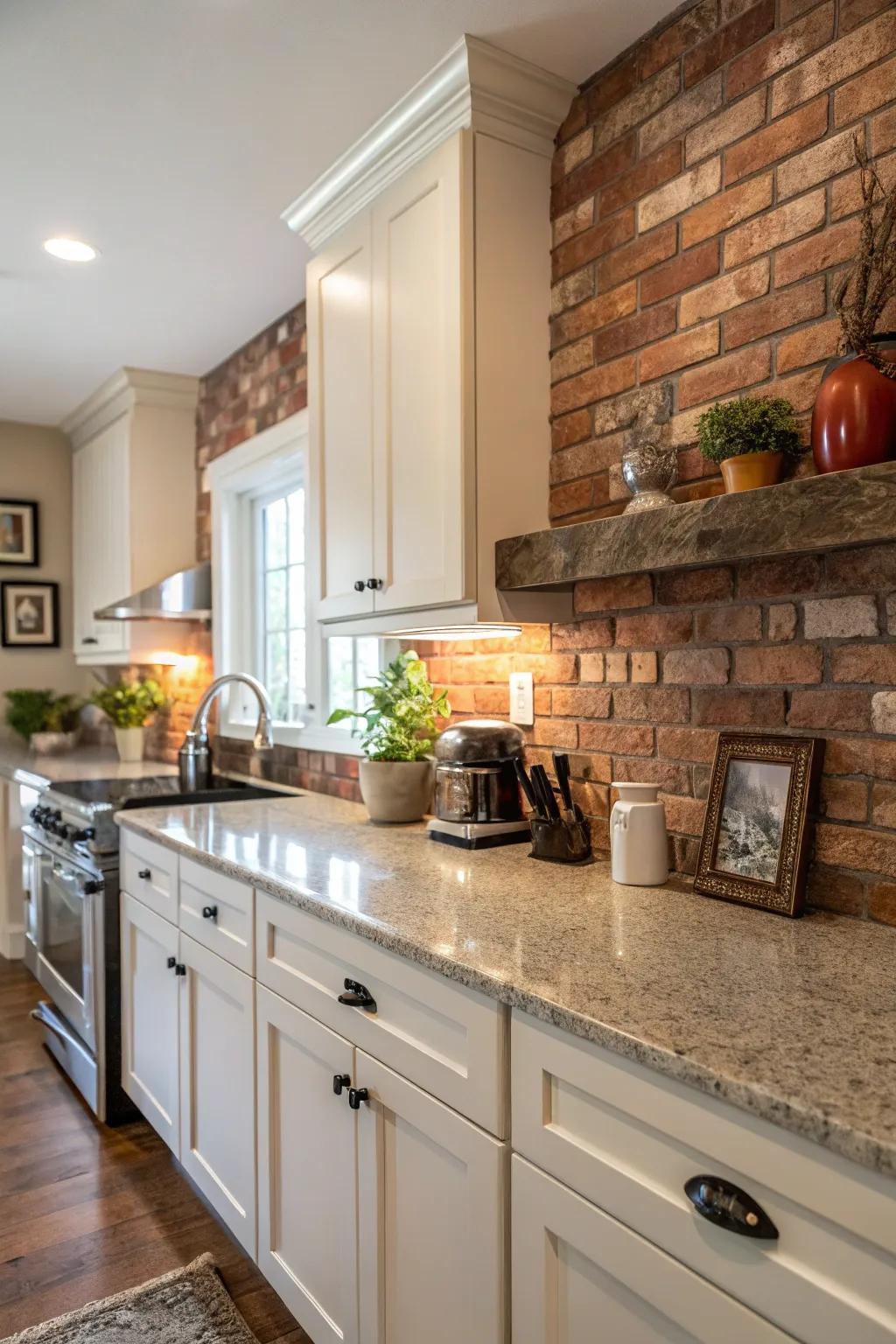 Stone worktops gain rustic charm from a brick backsplash.