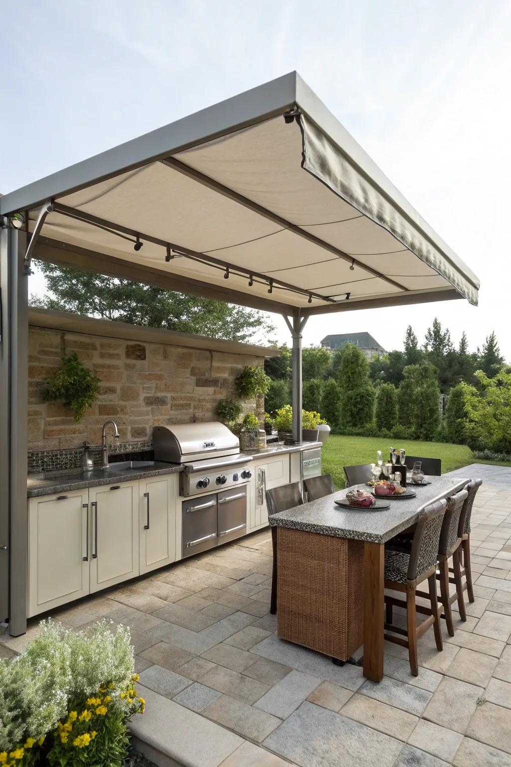 A convertible canopy makes your outdoor kitchen comfortable all year.
