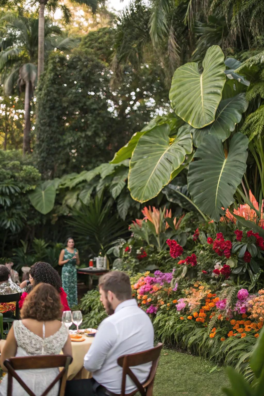 A tropical plant backdrop adds an exotic touch to the garden party.