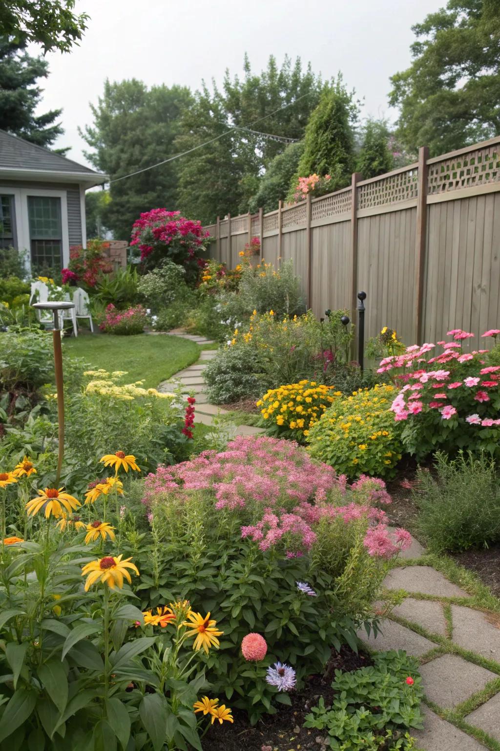 Mixed perennials offer seasonal interest and privacy.