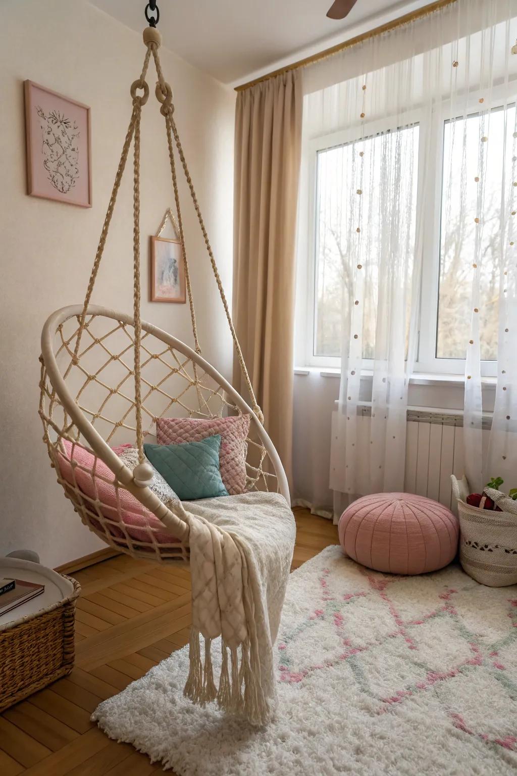 Suspended chairs contribute a spirited, relaxing vibe.