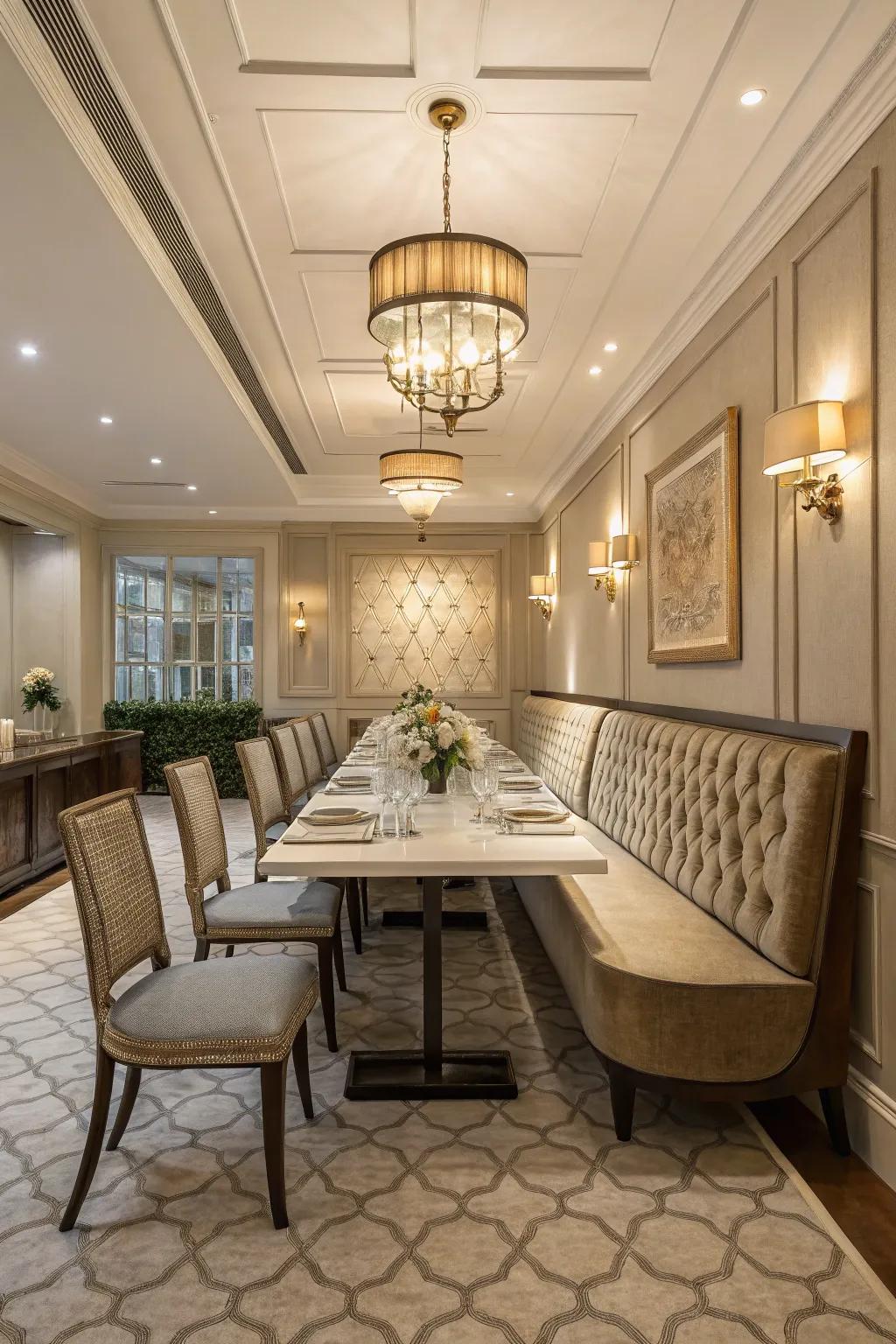 A elegant dining room with a balance style seating maximizing space.