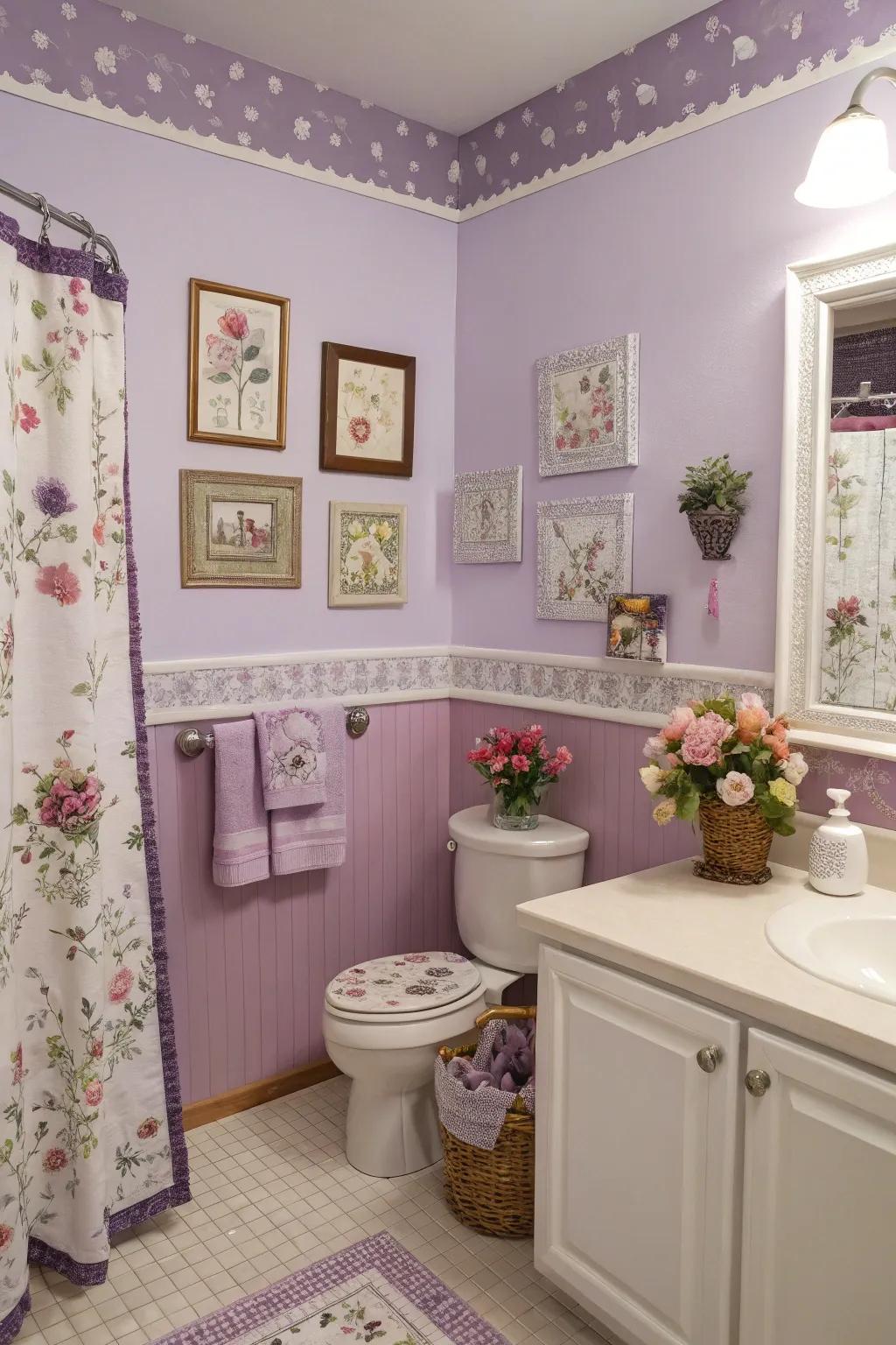 Lavender walls contribute a charming and soothing touch to the bathroom.