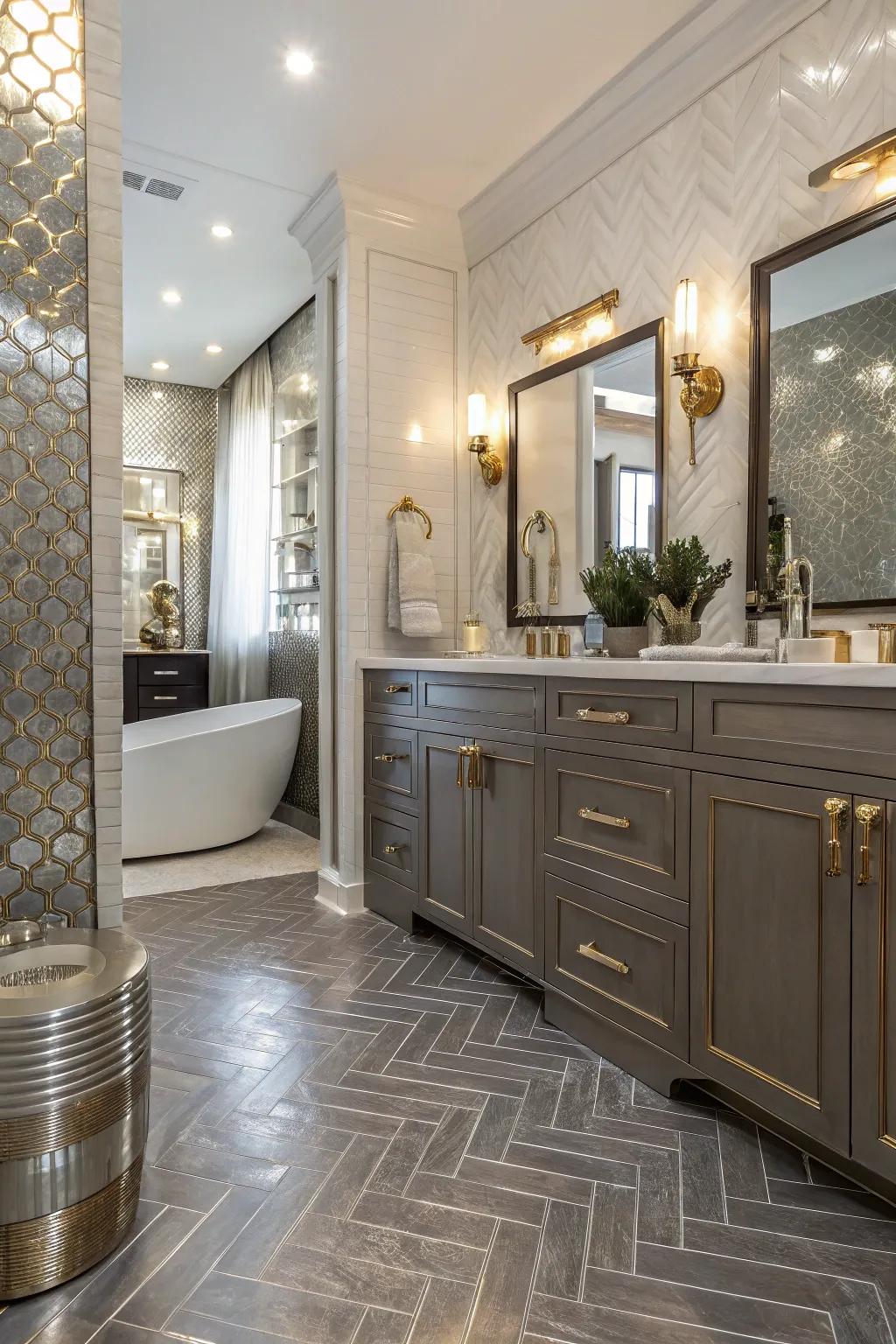 Metal-accented plastic flooring adds a touch of glamour to this luxurious bathroom.