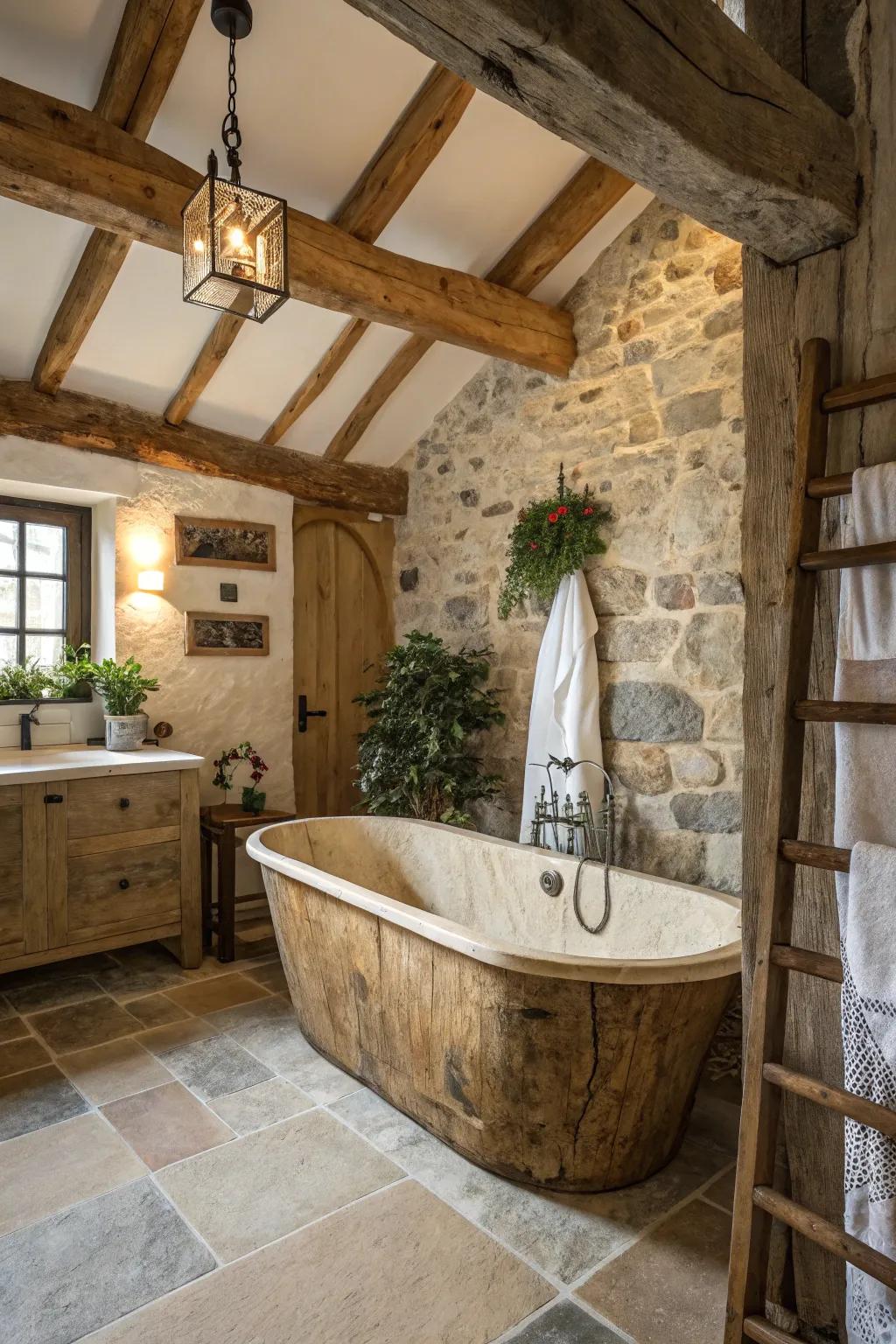 A rustic-style bathtub contributes charm and warmth to this washroom.