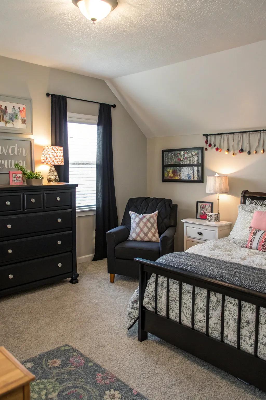 A cozy nook offers a personal retreat in a bedroom featuring bold ebony furniture.