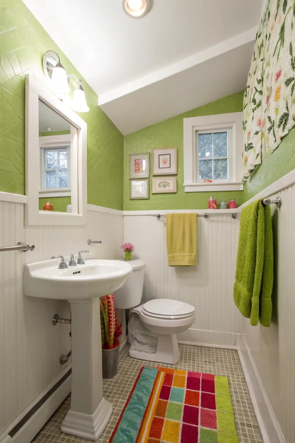 A bright and cheerful bathroom featuring apple green walls.
