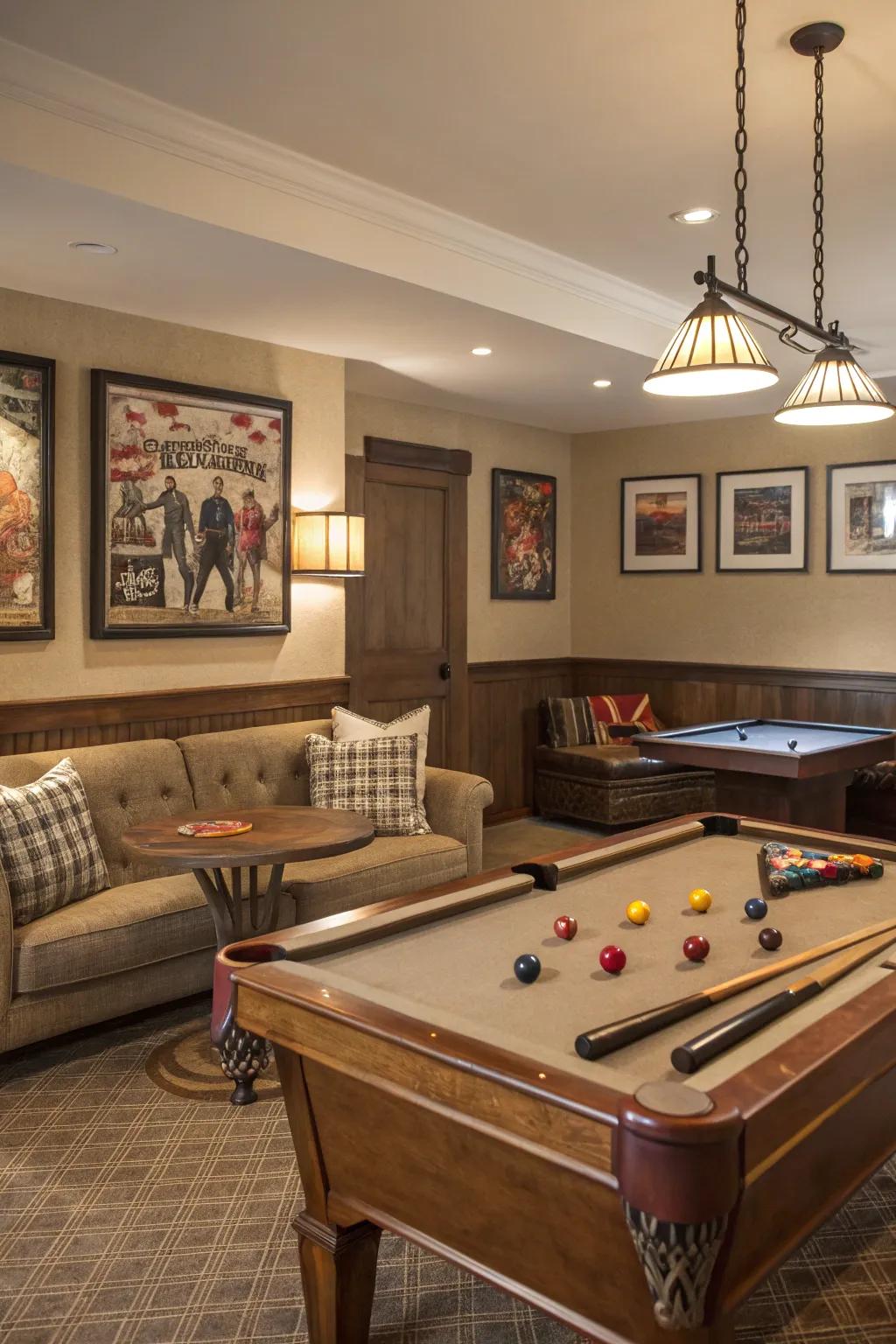 A cozy game nook providing fun in a billiard room.